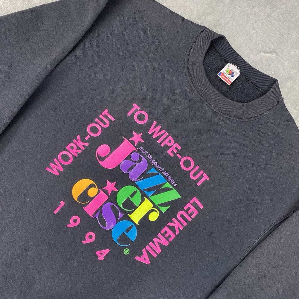 Vintage Jazzercise Sweatshirt Mens‎ Size XL Black Faded Wipe Out Leukemia 90s